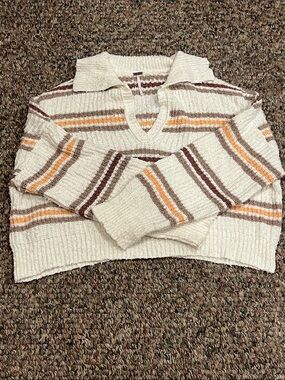 Free People Cream Striped V-Neck Sweater with Brown and Orange Accents